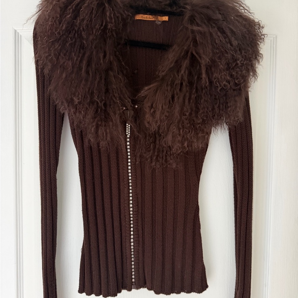 Zara Dark Brown Ribbed Knit Cardigan with Plush Fur Collar